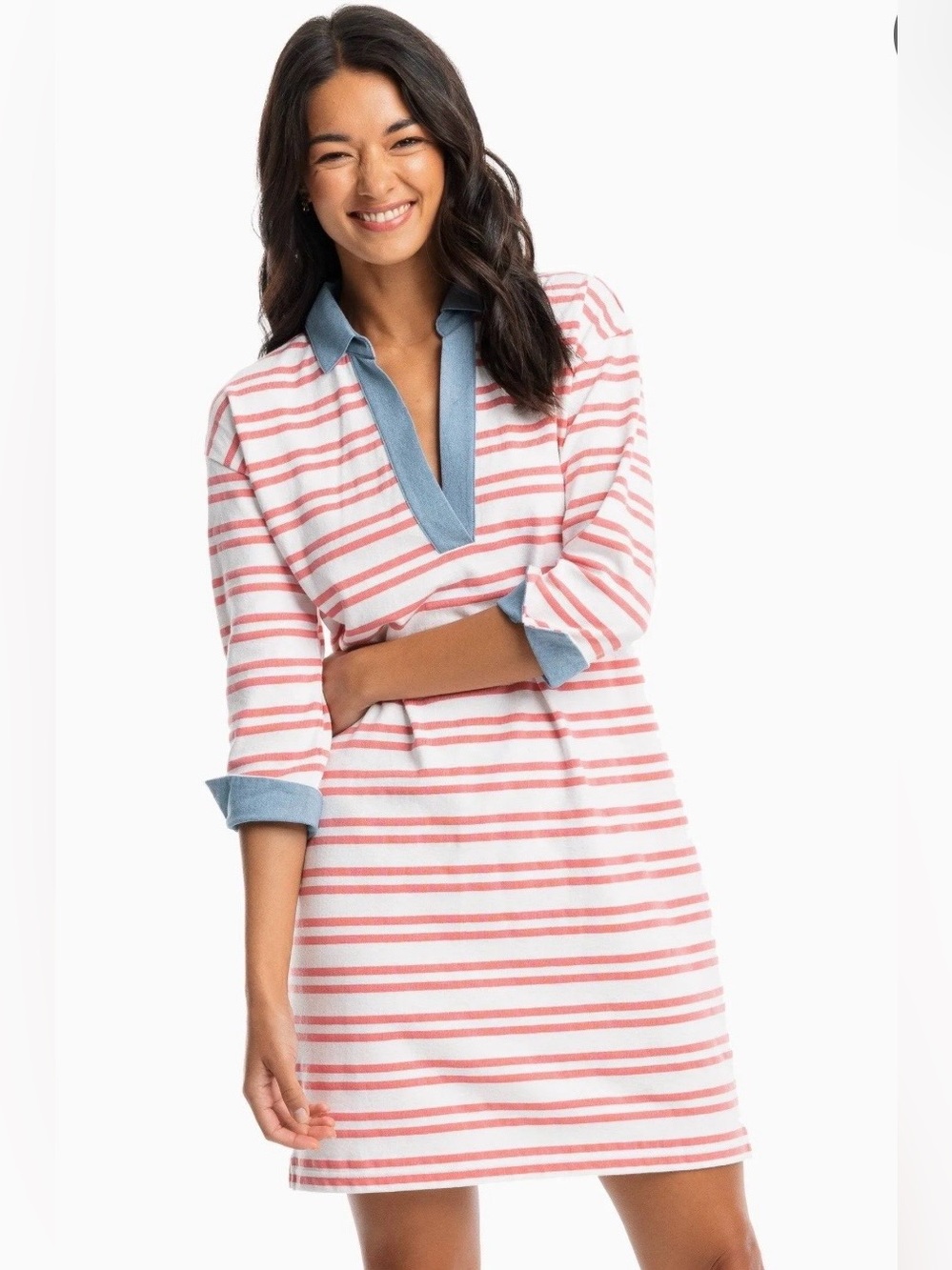 Southern Tide Coral Rouge Red  & White Striped Carolena Dress NEW Medium